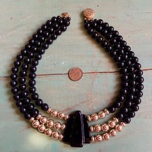 🖤🖤 Vintage Art Deco Inspired 3 Strands Black & Gold Bead Necklace 🖤🖤
